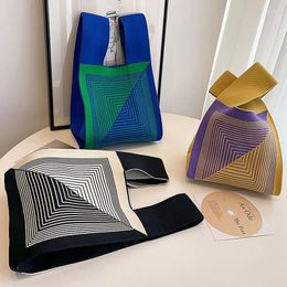 Storage Bags Handmade Knit Handbag Women Mini Knot Wrist-bag Female Casual Colour Wide Stripe Plaid Tote Bag