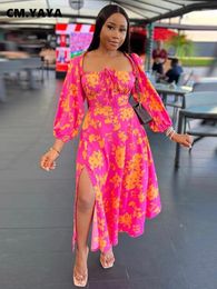 Casual Dresses CM. Women Strapless High Waist Full Sleeve Long Maxi Dress Summer Floral Printed Cute Girl Night Club Party Vestido