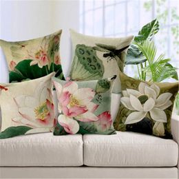 Pillow Vintage Style Decorative Throw Pillows Lotus Flower Polyester Seat Retro Cover For Sofa Home Decor Funda Cojines 45cm