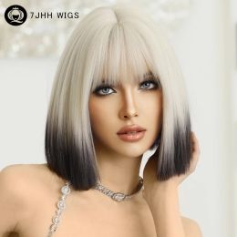 Wigs 7JHH WIGS Short Straight Ombre Blonde Bob Wig for Women Daily Party Natural Fashion Synthetic Black Hair Wigs with Fluffy Bangs