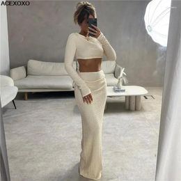 Casual Dresses 2024 Summer Women's Fashion Round Neck Long Sleeve Crop Slim-fit Wrap Hip Chest Skirt Set