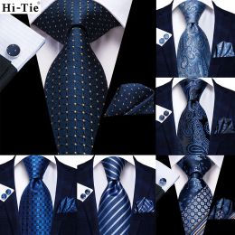 Navy Blue 63inches Silk Mens Tie Set Extra Long Ties for Men Handkerchief Woven Classic Mens 160cm Necktie Pocket Square Hi-Tie