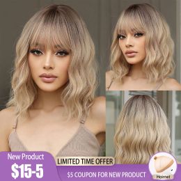 Wigs Short Wavy Bob Synthetic Wigs Brown Blonde Ombre Hair Wigs for Women with Bangs Cosplay Lolita Natural Wig Heat Resistant Fiber