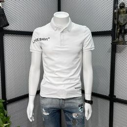 Men's Polos Streetwear Motorcycle Clothes Alphabet With Collar Male Tee Shirts Top Black Polo T-shirt Short Quarter Sleeve Chic