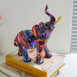 Colourful Painting Elephant Art Sculpture Figurine Creative Graffiti Elephant Resin Statue Crafts Home Porch Garden Desktop Decor 240323