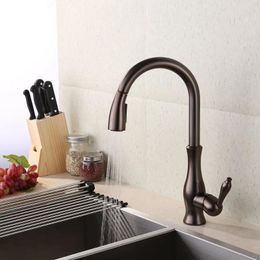 Kitchen Faucets Oil Rubbed Bronze Brass Singel Lever Pull Down Two Function Faucet With Retractable Out Sprayer Swivel Spout