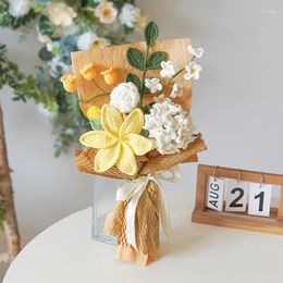 Decorative Flowers Handwoven Lily Mix And Embroidery Ball Bouquet Finished Exquisite Packaging Gift Imitation Flower 22cmx42cm