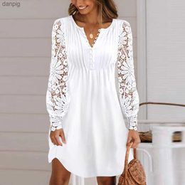 Urban Sexy Dresses Womens Spring Lace Flower Mini Dress Womens Button V-Neck Long Slave Swinging Shirt Dress Fashion Clothing Plus Size 2024 Y240402