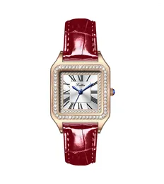 Wristwatches Ladies Girls Square Stainless Steel Leather Roman Numerals Rhine St One Display Luxury Birthday Party Dial Strap Watch Gifts