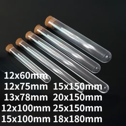 Length 60mm To 180mm Transparent Laboratory Clear Plastic Test Tubes With Corks Caps School Lab Supplies Wedding Favor Gift Tube