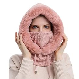 3 in1 Winter Warm Women Knitted Ski Hat With Scarf Neck Fleece Lined Hood Face Mask Adult Balaclava For Outdoor Sports 240311