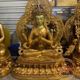 Decorative Figurines Four-Armed Avalokiteshvara Pure Copper Seiko Gilding Craft Master Open Face Buddha Statue Wholesale Tibetan