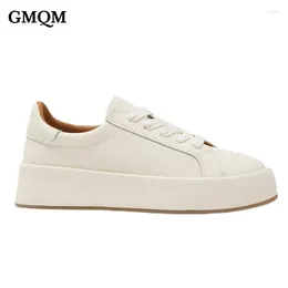 Casual Shoes GMQM Fashion Women's Sport Sneakers Platform Round Toe Lace-Up Walking Comfy Genuine Leather Flat White 2024