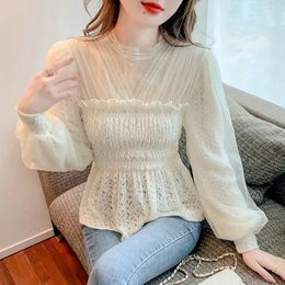 Women's Blouses Fashion 2024 Elegant Lace Crocheted Hollow Out Top Stand-up Collar White Blouse Woman Sweet Long Sleeve Shirts Blusas