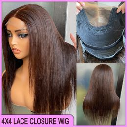 On Sale Wholesale Malaysian Peruvian Brazilian Silky Straight 4x4 Brown Lace Closure Wig 100% Raw Virgin Remy Thick Human Hair