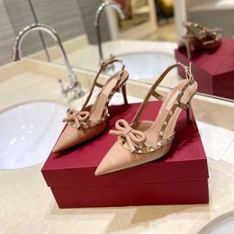 Real leather women pumps summer crystal pointed toe dress shors female Stiletto Party Rhinestone Shallow Slip On Heel Shoes mirror quality slingback shoes with box