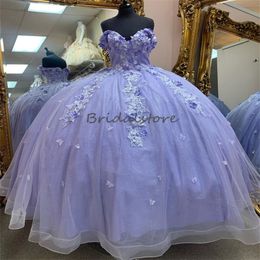 Elegant Lilac Quinceanera Dress With Butterflies Princess 3D Florals Lace Vestidos D 15 Quinceanera 2024 Corset Birthday Party Sixteen Birthday Formal Party Gown