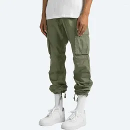 Men's Pants Solid Colour Men Vintage American Style Cargo With Elastic Waist Multi Pockets Breathable Fabric For Sports
