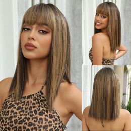 Wigs Straight Synthetic Wigs Brown Copper Blonde Mixed Middle Length Wigs with Bangs Blunt Cut Hair for Women Daily Heat Resistant