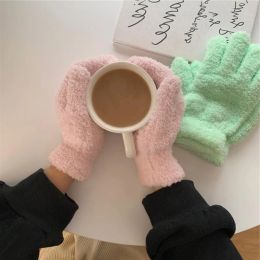 Winter Warm Coral Velvet Gloves Women Sweet Solid Candy Colour Full Finger Mittens Girls Thicken Outdoor Stretchy Ski Gloves
