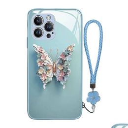 Cell Phone Cases Hard Butterfly Mobile Forphone 15 Promax Apple 14 13 12 Plus Glass Mirror Luxury Protective Back Ers With Wrist Band Dhm9I