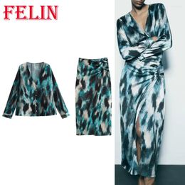 Work Dresses 2024 Autumn Women Tie Dye Print Suits V-Neck Loose Single Breasted Shirt High Waist Split Long Skirt Fashion Boho Sets