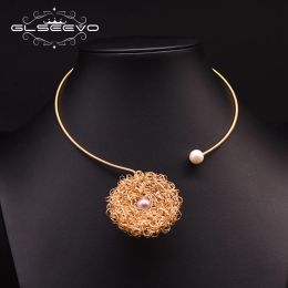 Necklaces GLSEEVO Real Natural Freshwater Pearl Choker Necklace For Women Luxury Round Geometry Statement Necklace Fine Jewellery GN0181