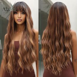 Wigs ALAN EATON Honey Brown Highlight Synthetic Wigs for Black Women Long Wavy Wigs with Bangs Cosplay Coloured Hair Heat Resistant