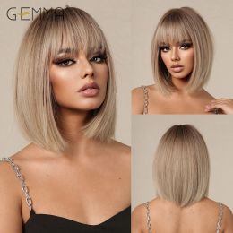 Wigs GEMMA Synthetic Straight Wig Short Light Brown Ombre Bob Wigs with Bangs for Black Women Heat Resistant Cosplay Daily Use Hair