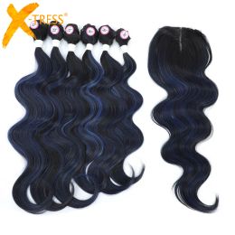 Pack Pack 6 Bundles With Closure Synthetic Hair For Women Body Wave Blue Color Highlight XTRESS Natural Look Cosplay Hairpiece