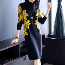 Casual Dresses Autumn Dress Women 2024 Knitting Sweater Half High O-Neck Long Sleeve Knee-Length Printed Slim Female Clothes B123