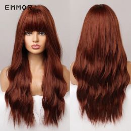 Wigs Emmor Synthetic Red Brown Wigs Natural Heat Resistant Wavy Wigs for Women Long Body Water Wave Wig with Bangs Cosplay Hair Wig