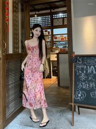 Casual Dresses Style Camisole Dress For Early Spring 2024 French Break Gentle And Slim Long Lace Up Floral Women