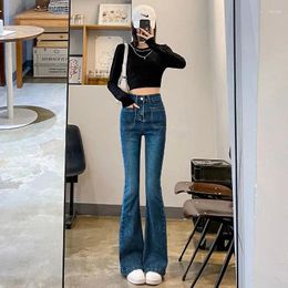 Women's Jeans Simple And Stylish Solid Color Black Gray Micro-Pull Button Autumn Slim Elastic Floor Bell Bottoms