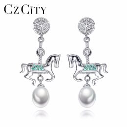 Slippers Czcity Cubic Zirconia Women Pearl Earrings Merrygoround Sterling Sier Dangle Wedding Earring Fine Jewelry Party Gift