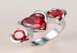 Wedding Rings Cute Round Red Crystal Zircon Ring Love Heart Stone For Women Men Jewelry Vintage Fashion Silver Color Bridal7475651