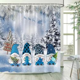 Shower Curtains Christmas Curtain Funny Cartoon Santa Claus Winter Forest Cedar Xmas Trees Year Wall Hanging Bathroom Decor