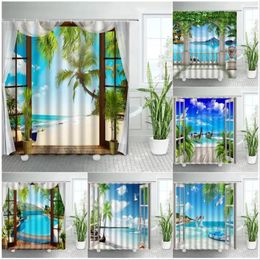 Shower Curtains Beach Scene Tropical Summer Seaside Scenery Window Ocean Palm Tree Parrot Bathroom Set Bathtub Decor With Hooks