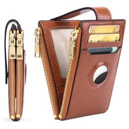 2023 New Leather Ladies ID Credit Card Holder Zipper Coin Purses AirTag Tracker Large Capacity RFID Anti-theft Brush Dollar Clip