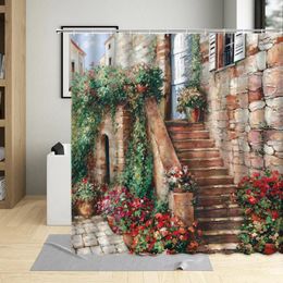 Shower Curtains Oil Painting Vintage Street Scenery Curtain Flower Plant Wooden Door Bathroom Bathtub Screen Polyester Fabric Set