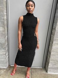 Bubble Texture Side Hollow Out Lace Up Sleeveless Bodycon Maxi Dress Women Party Dresses Sexy Club Wear