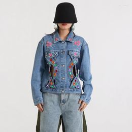 Women's Jackets Women Spring Autumn Diamonds Beaded Cross Hollow Washed Denim Coat Floral Embroidered Rhinestones Jeans Jacket Crystal
