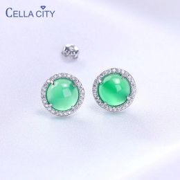 Earrings Cellacity Pure 925 Sterling Silver Earrings for Women 8*10mm Green chalcedony Ear Studs Female Round Gemstone Earrings Anniversa