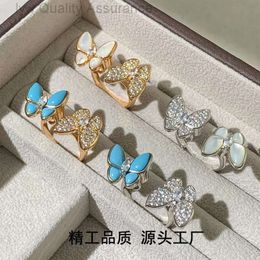 Designer VanClef Clover Ring Fanjia v Gold High Ding Butterfly Ring White Fritillaria Double Full Diamond Ring Blue Turquoise Fashion Precision Edition