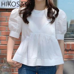 Women's Blouses Korean Chic Summer Round Neck Loose Blouse Fitting Sweet Short Sleeved Solid Colour Shirt Puff Sleeves Draped Ruffles Design