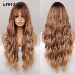 Wigs Emmor Long Body Wave Hair Wig Ombre Brown Blonde Synthetic Water Wavy Wigs With Bangs for Women Natural Heat Resistant Wig