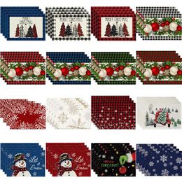 Table Mats 4pcs Linen Snowman Christmas Tree Ball Pattern Printed Place Mat Pad Cloth Placemat Cup Coffee Tea Doily Kitchen