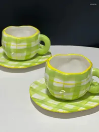 Mugs Japanese Style Fresh Hand-painted Green Grid Coffee Cup And Plate Underglaze Colored Ceramic Hand Held Irregular