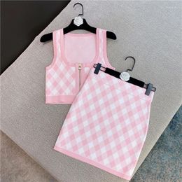Work Dresses Sweet Pink Knit Plaid Skirt 2 Piece Sets For Women 2024 Summer Sexy U-Collar Crop Camisole Tops Bodycon Mini Suits Female
