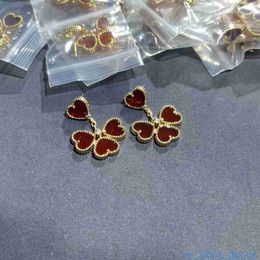 AAA Counter quality Vanclef designer earrings v Gold Plated High Version Natural Red Agate Small Red Heart Lucky Grass Earrings